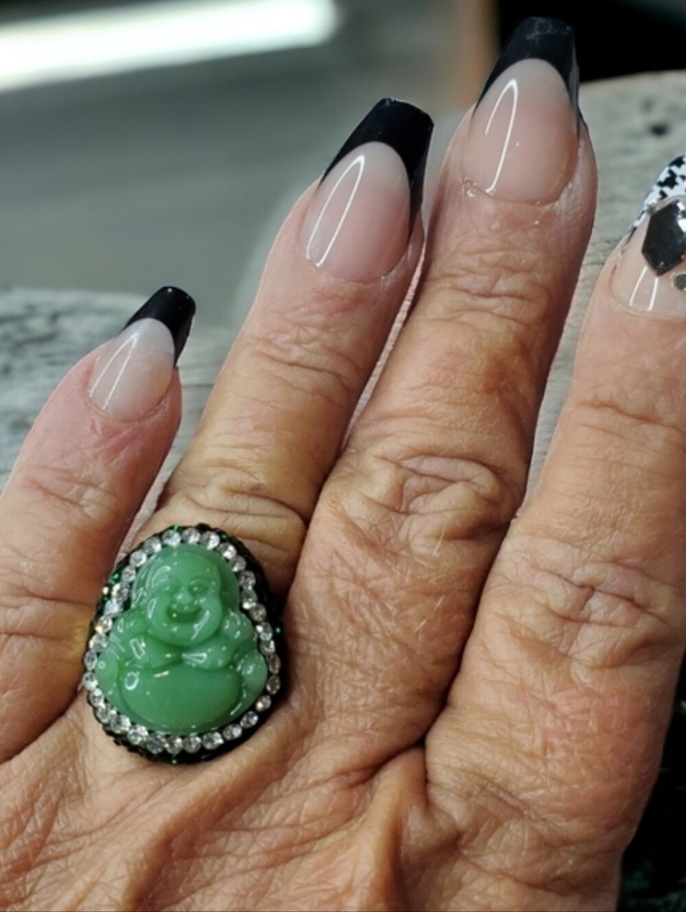18k Gold Plated Jade Laughing Buddha Emerald Clear Crystal Ring